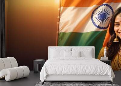 Web Banner India independence day isolated Beautiful young Indian woman against the flag of India Wall mural