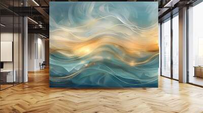 Whimsical ocean waves painting with teal gold swirls for childrens book. Concept Ocean Waves, Children's Book, Whimsical Art, Teal Gold Swirls, Painting Wall mural