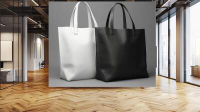 White And Black Tote Bags Mockup On Grey Background Mockup Wall mural