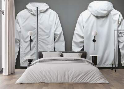 White Windbreaker Jacket Front and Back View Mockup with Blank Design Template. Concept Mockup, Windbreaker Jacket, White, Front and Back View, Blank Design Template Wall mural