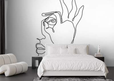 Woman abstract portrait, single line on a white background, girl crossed her fingers and looks like through binoculars, continuous line drawing, young woman face, isolated vector illustration. Wall mural