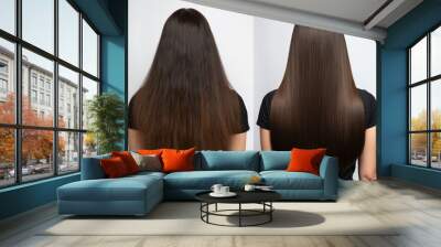 Woman With Long Hair, Back View, Showing The Results Of Keratin Treatment, Before And After Salon Treatment. Generative AI Wall mural