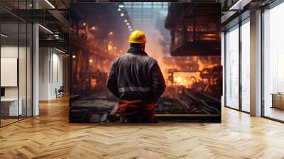 Worker In The Background Steel Mill. Safety Concerns, Roles Responsibilities, Steel Production Process, Working Hours Shifts, Handling Machinery, Unioin Representation, Wage Benefits Wall mural