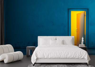 Yellow light through open door on blue background symbolizing opportunity. Concept Colorful Lighting, Symbolism in Photography, Opportunity Concept, Creative Compositions Wall mural