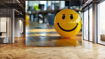 Yellow smiling ball in office promotes positive work environment and corporate culture. Concept Corporate Culture, Positive Work Environment, Office Decor, Yellow Smiling Ball, Promoting Happiness Wall mural