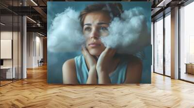 Young woman with clouded thoughts navigating mental health and memory challenges. Concept Mental Health, Memory Challenges, Young Woman, Coping Strategies, Self-Awareness Wall mural