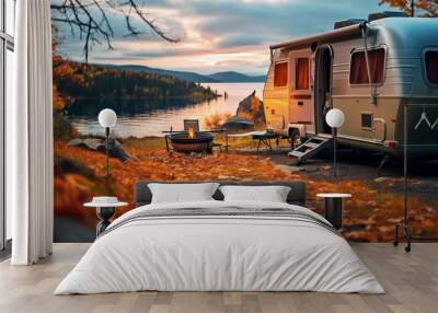 Caravan camping on lake shore. Camping on nature. Holidays in motor home. Wall mural