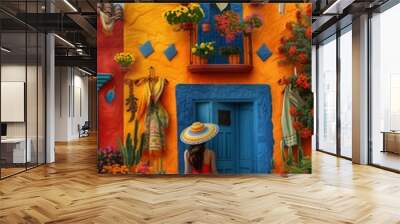 Colorful Mexican Scene with Woman in Traditional Dress Standing Before Vibrant Yellow and Blue Building Decorated with Flowers, greeting card Wall mural