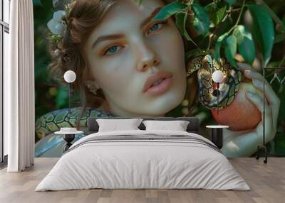 Enchanting Portrait of Young Woman with Snake and Apple in Mystical Forest Setting Wall mural