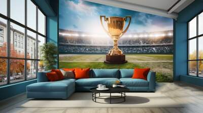 Grand Sports Trophy on Stadium Field with Bright Lights and Clouds Wall mural