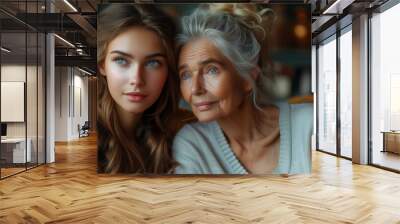 Portrait of joyful positive teenage girl and grandma together show family love Wall mural