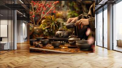 Traditional Tea Master Preparing Aromatic Tea Ceremony in an Elegant Setting with Ornate Teaware and Vibrant Floral Decorations Wall mural