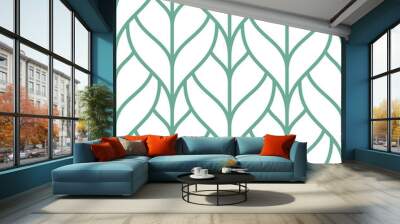 Stylish seamless pattern with green outline leaves Wall mural