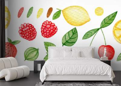 Watercolor fruit set of elements. Lemon, raspberry, strawberry, gooseberry, cherry and leaves of mint. Summer berries. Wall mural