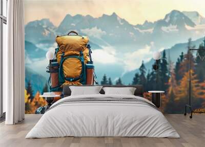 Hiking backpack on the background of a beautiful landscape Wall mural