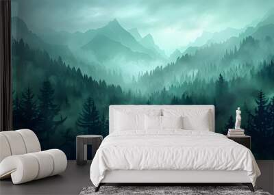 Misty mountain forest at night Wall mural