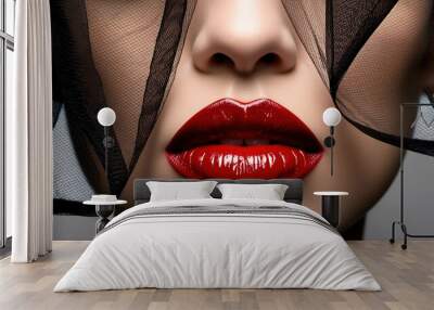 Red lips covered with a veil Wall mural