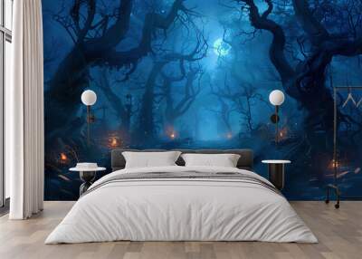 Spooky foggy forest at night Wall mural