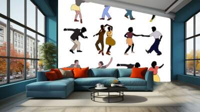 Swing jazz party. Set of three dancing couples isolated on white in cartoon style.People in 40s or 50s style. Men and women on swing,jazz,lindy hop or boogie woogie party. Vector vintage illustration. Wall mural