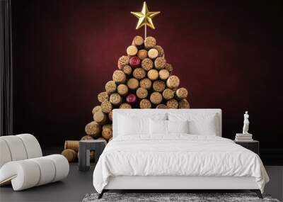 Christmas tree creatively constructed from wine corks, topped with a star, adding a festive touch to holiday content. Wall mural