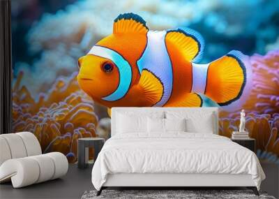 Close-up of a clown fish among vibrant corals in the ocean, showcasing the beauty of marine life generated with creative tools. Wall mural