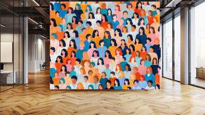 Colorful diverse people crowd abstract art seamless pattern. Multi-ethnic community, big cultural diversity group background illustration in modern collage painting style. Wall mural