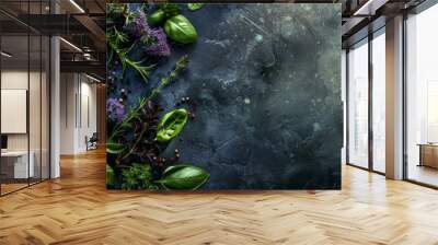 Fresh basil and rosemary beautifully displayed on a dark background, providing ample space for culinary promotions. Wall mural