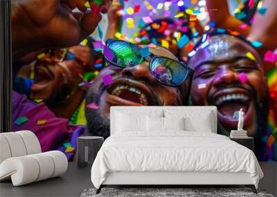 Joyful Friends Celebrating at Party - Bright Lights, Festive Decorations, and Happy Moments Wall mural