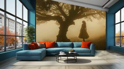 Minimalistic composition: Mystical backround.Silhouette of a large laurel tree and a woman in a dress under it in a very soft golden light shinning through the tree in a thig fog in the Fanal forest Wall mural