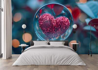 Minimalistic composition: Search for love concept. A symbolic heart under a magnifying glass. Minimalistic art collage. Wall mural