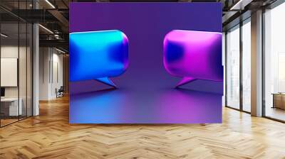 Neon-colored 3D speech bubbles in blue and purple on a gradient purple background, symbolizing digital communication and conversation. Concept of modern chatting, online messaging, and social media in Wall mural