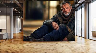 Portrait of a Homeless Man Sitting on a Dirty Floor with a Sorrowful Expression - Capturing the Harsh Realities of Poverty and Urban Life. Wall mural