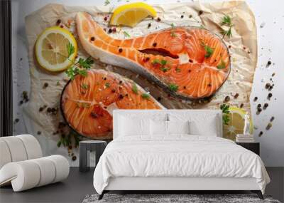 Two fresh salmon steaks garnished with lemon slices and herbs, laid out on parchment paper with a sprinkle of peppercorns, ready for cooking, representing healthy seafood cuisine. Concept of food Wall mural