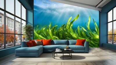 Underwater View of Seabed with Green Seagrass: A High-Quality Photo Capturing Marine Life and Natural Beauty. Wall mural