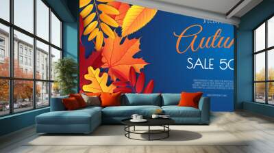 Autumn sale banner, fall season discount poster with falling leaves for shopping promotions,prints,flyers,invitations, special offer card. Wall mural