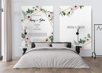 Botanical wedding invitation card template design, white and pink flowers. Vector template set. Wall mural