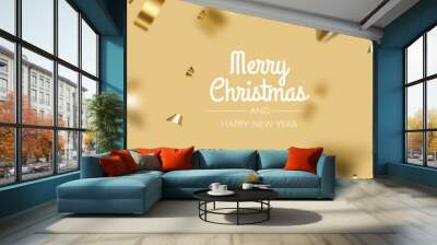 Falling shiny golden confetti , gold christmas elements Wall mural