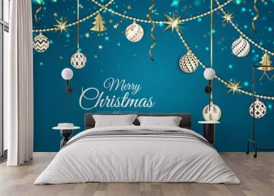 Merry Christmas and Happy New Year Holiday white banner illustration. Xmas design with realistic vector 3d objects, golden christmass ball, snowflake, glitter gold confetti. Wall mural