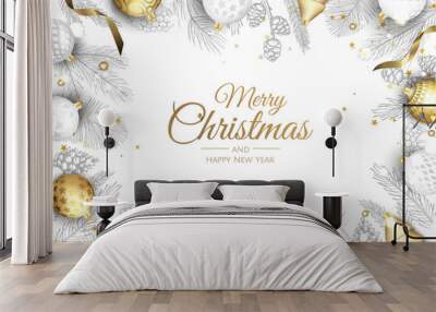 Merry Christmas and Happy New Year Holiday white banner illustration. Xmas design with realistic vector 3d objects, golden christmass ball, snowflake, glitter gold confetti. Wall mural