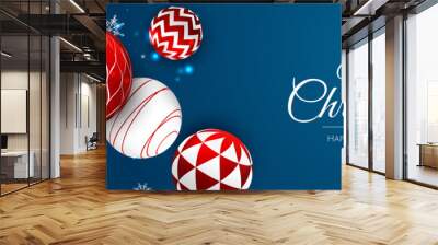 Merry Christmas and Happy New Year Holiday. Xmas design with realistic vector 3d objects, golden christmass ball, snowflake, glitter gold confetti. Wall mural