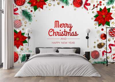 Merry Christmas and Happy New Year. Xmas background with poinsettia, Snowflakes, star and balls design. Wall mural