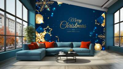 Merry Christmas and Happy New Year. Xmas background with Snowflakes and balls design. Wall mural