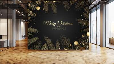 Merry Christmas and Happy New Year. Xmas background with winter plants Wall mural