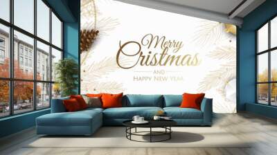 Merry Christmas Happy Christmas companions. Background Xmas design of with gifts box, snowflake and confetti. Wall mural