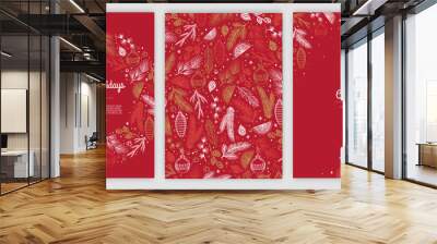 Set of Christmas and New Year greeting card. Background with Christmas tree and decor. Holiday design for greeting card, invitation, cover, calendar, etc. Wall mural