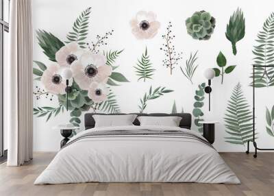 Set of floral branch. Anemones, pink rose, green leaves. Floral poster, invite. Set leaves, flowers,branches, herbs and other natural elements. Wall mural