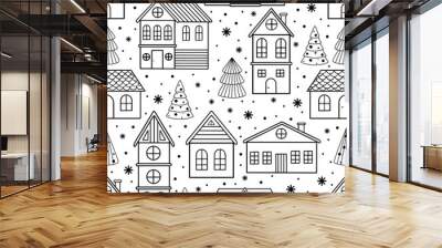 Vector Seamless pattern for Christmas cards with hand drawn winter tree, house and texture. Wall mural