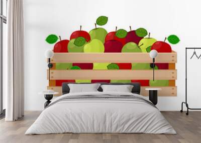 A bright summer illustration depicting a wooden box with ripe green and red apples. The harvested harvest of juicy apples in a wooden box. Vector illustration isolated on a white background Wall mural