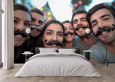 A group of smiling friends wearing different styled mustaches, posing together at an outdoor celebration, evoking fun and camaraderie perfect for Movember or themed events Wall mural