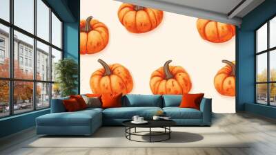 A seamless pattern of vibrant orange pumpkins with green stems on a light background, creating a fun and festive autumn or Halloween-themed design Wall mural